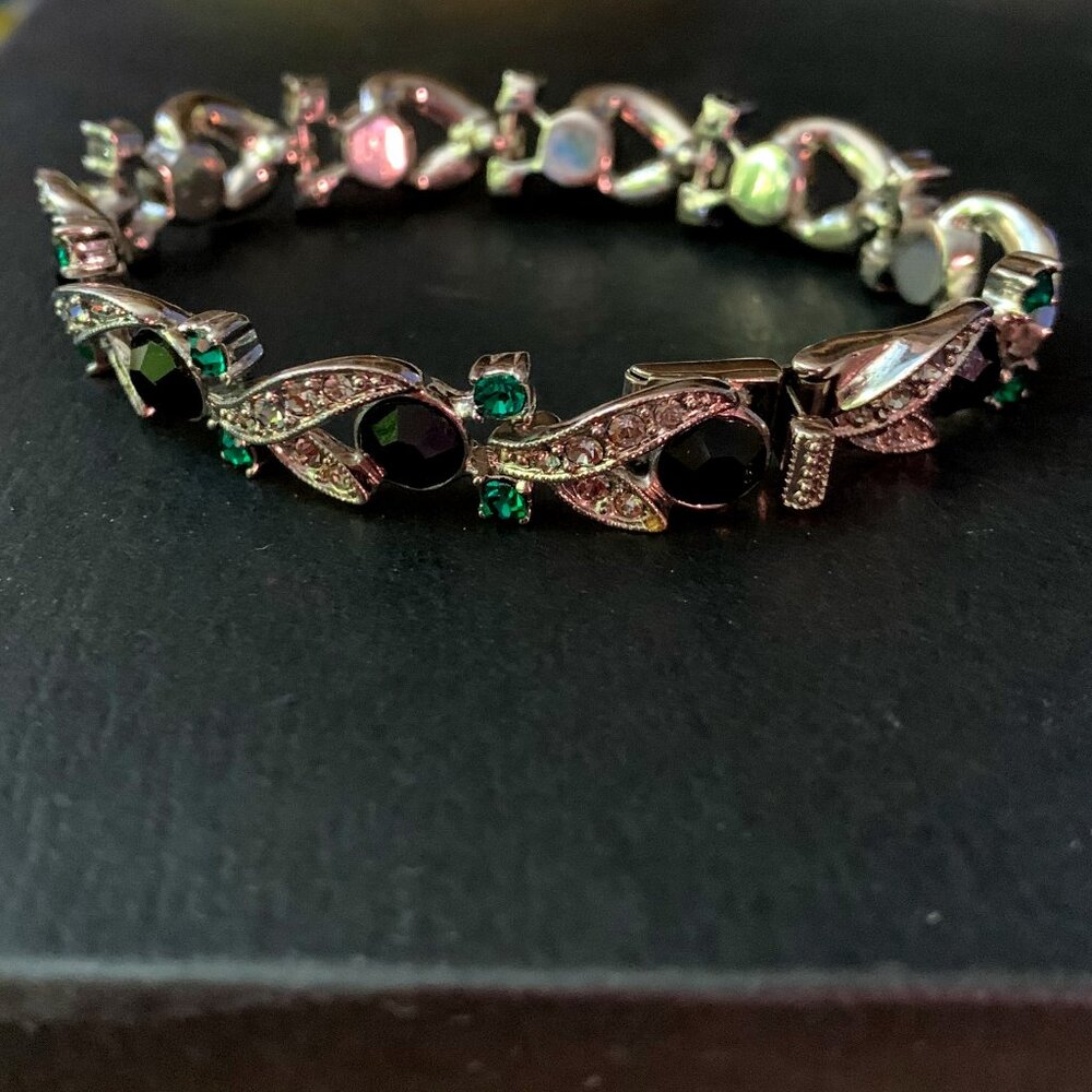 Silver Tone Faux Green White Black Diamond Bracelet